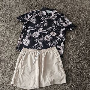 Mens Xxl 2pcs Tropical Print Shirt and Beige Shorts Set